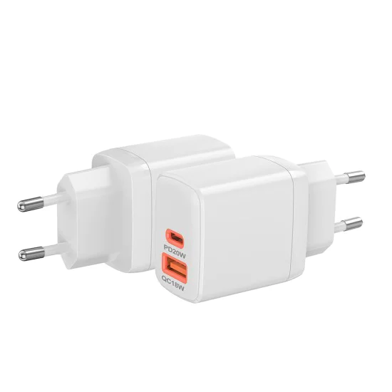 Techsuit - Зарядно за стена Duonix20W (CH2) - Type-C, USB, Двойно зарядно за пътуване 20W - Бяло
