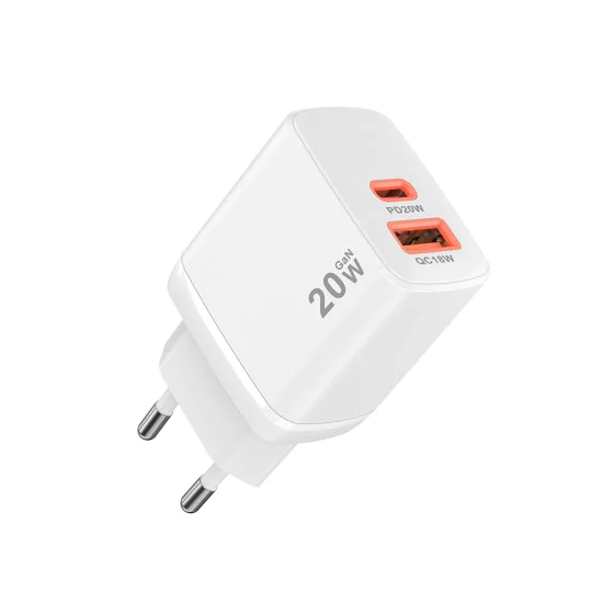 Techsuit - Зарядно за стена Duonix20W (CH2) - Type-C, USB, Двойно зарядно за пътуване 20W - Бяло