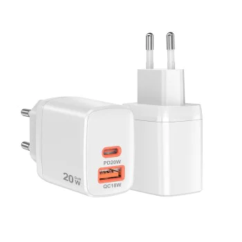 Techsuit - Зарядно за стена Duonix20W (CH2) - Type-C, USB, Двойно зарядно за пътуване 20W - Бяло