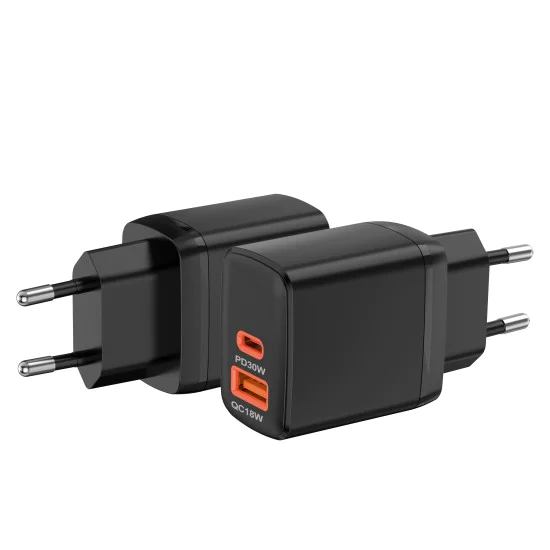 Techsuit - Зарядно за стена Duonix30W (CH1) - Type-C, USB, Двойно зарядно за пътуване 30W - Черно