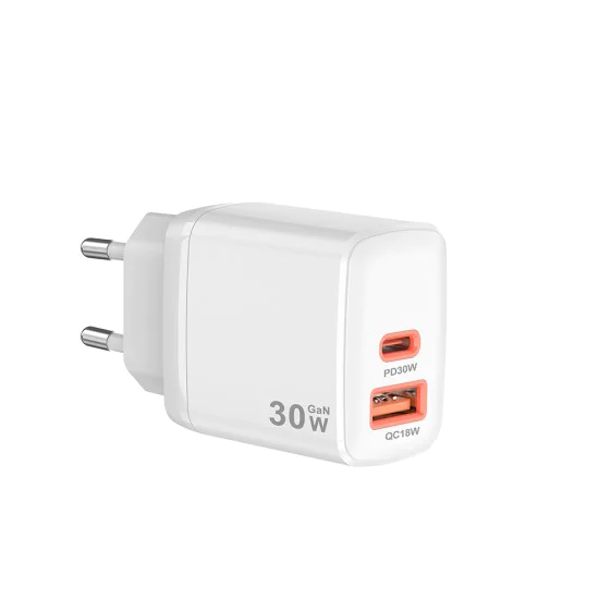 Techsuit - Зарядно за стена Duonix30W (CH1) - Type-C, USB, Двойно зарядно за пътуване 30W - Бяло