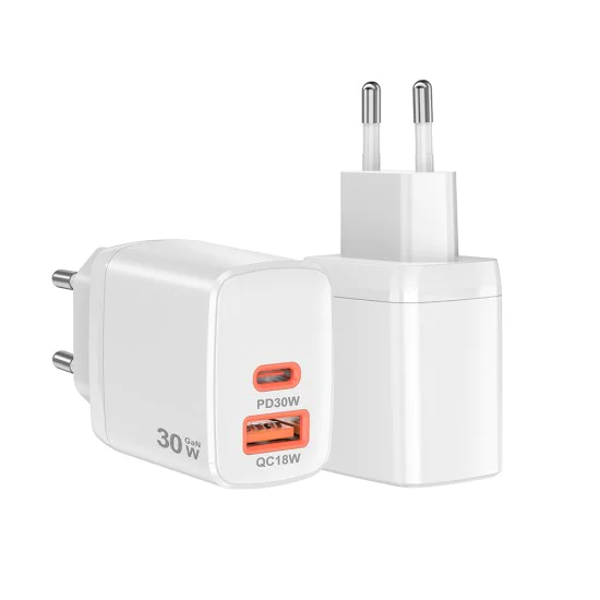 Techsuit - Зарядно за стена Duonix30W (CH1) - Type-C, USB, Двойно зарядно за пътуване 30W - Бяло