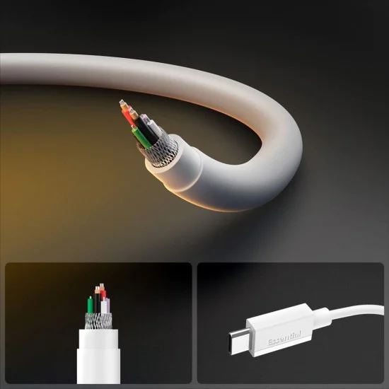 Spigen - Кабел за данни Essential (EB6010CC) - Бързо зареждане, 2x Type-C, 60W, 480Mbps, 1m - Бял