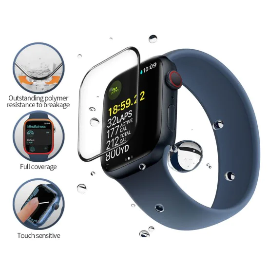 Протектор за Apple Watch 7/8 (45 мм) - високомолекулен протектор за екран с локатор за отстраняване на прах - черен