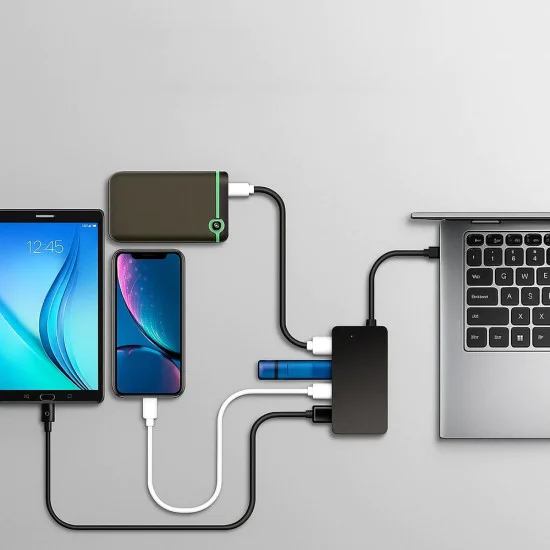 Techsuit - Докинг станция QuantumNode 4 в 1 (H16) - USB-C към 4x USB 3.0, ABS - Черна