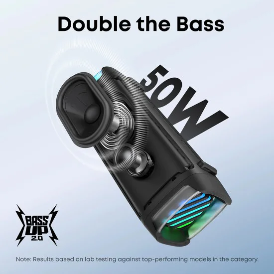 Синthoot Тон Колона, Lightshow, 50W, 16H време за възпроизвеждане, IP68, 2x Bass Power - Безжичен високоговорител Soundcore Boom 3i (D5100010) - Черен
