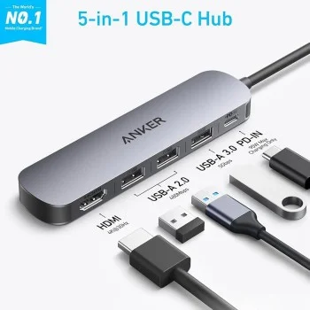Anker - Докинг станция (A8357HA0) - 5 в 1, USB-C, 2x USB-A 2.0, 1x USB-A 3.0, 4K HDMI, 5Gbps, 90W - Черна