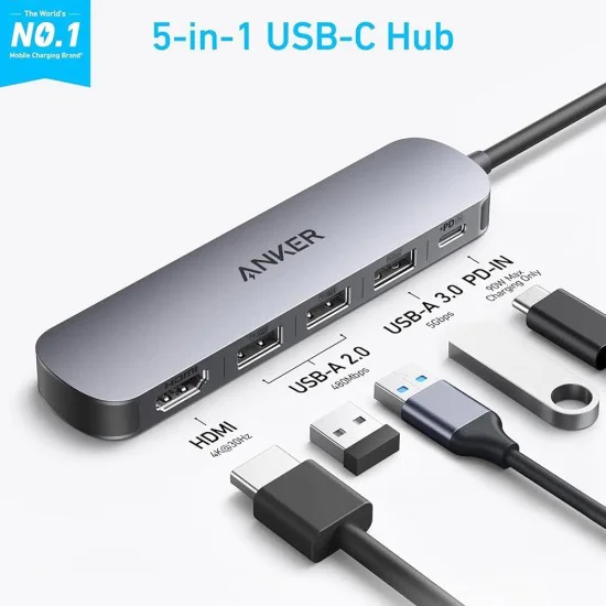 Anker - Докинг станция (A8357HA0) - 5 в 1, USB-C, 2x USB-A 2.0, 1x USB-A 3.0, 4K HDMI, 5Gbps, 90W - Черна