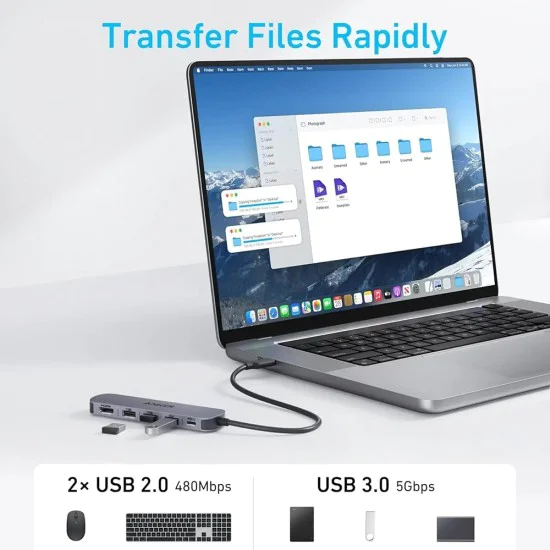 Anker - Докинг станция (A8357HA0) - 5 в 1, USB-C, 2x USB-A 2.0, 1x USB-A 3.0, 4K HDMI, 5Gbps, 90W - Черна