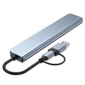Techsuit - Докинг станция DataBridge 7 в 1 (H6) - USB, Type-C към USB 3.0, 4x USB 2.0, 2x Type-C - Сив