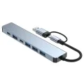 Techsuit - Докинг станция DataBridge 7 в 1 (H6) - USB, Type-C към USB 3.0, 4x USB 2.0, 2x Type-C - Сив