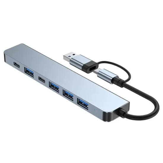 Techsuit - Докинг станция DataBridge 7 в 1 (H6) - USB, Type-C към USB 3.0, 4x USB 2.0, 2x Type-C - Сив