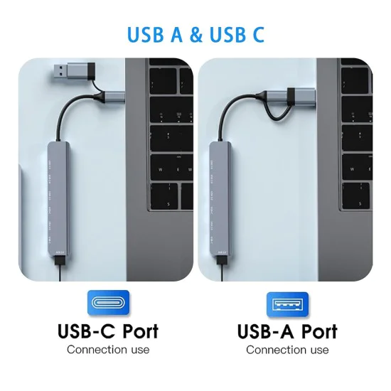 Techsuit - Докинг станция DataBridge 7 в 1 (H6) - USB, Type-C към USB 3.0, 4x USB 2.0, 2x Type-C - Сив