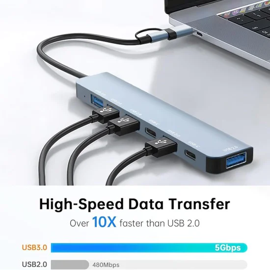 Techsuit - Докинг станция DataBridge 7 в 1 (H6) - USB, Type-C към USB 3.0, 4x USB 2.0, 2x Type-C - Сив