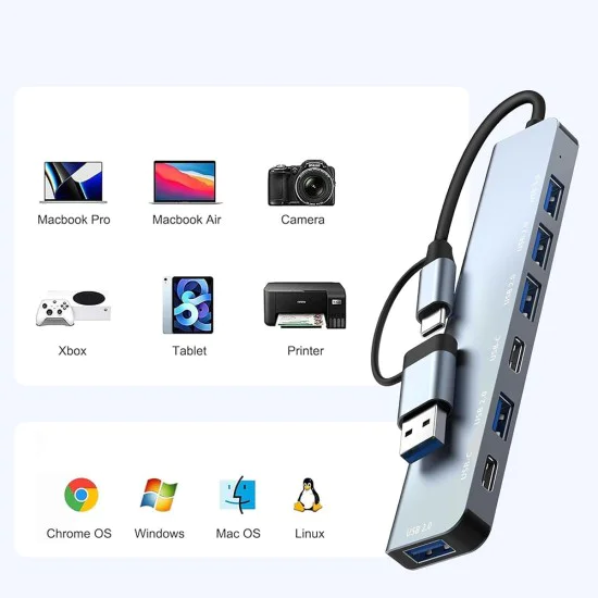 Techsuit - Докинг станция DataBridge 7 в 1 (H6) - USB, Type-C към USB 3.0, 4x USB 2.0, 2x Type-C - Сив