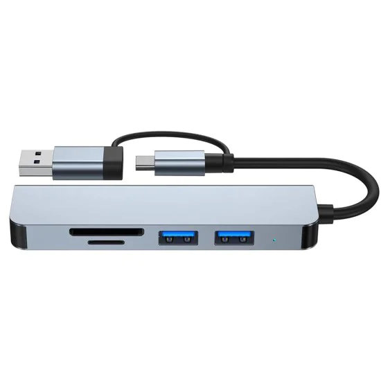 Techsuit - Докинг станция DataBridge 5 в 1 (H7) - USB, Type-C към USB 3.0, 2x USB 2.0, SD/TF карта - Сив