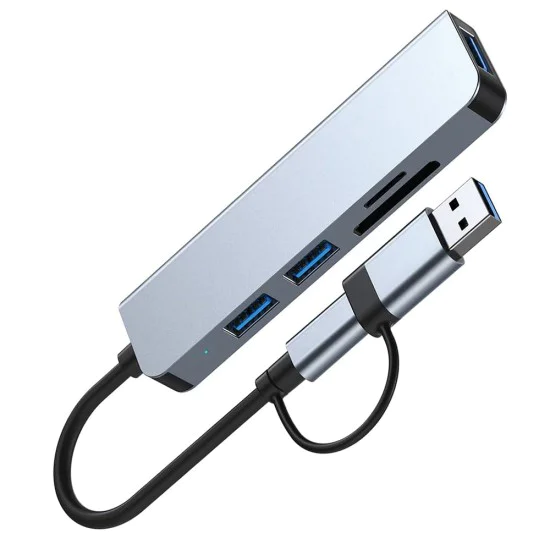 Techsuit - Докинг станция DataBridge 5 в 1 (H7) - USB, Type-C към USB 3.0, 2x USB 2.0, SD/TF карта - Сив