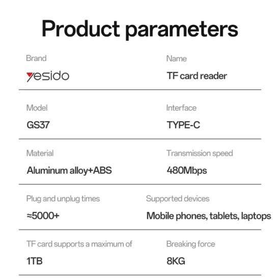Картов четец – Yesido GS37 – Type-C, високоскоростен, алуминий, TF, поддръжка 1TB – Черен