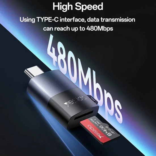 Картов четец – Yesido GS37 – Type-C, високоскоростен, алуминий, TF, поддръжка 1TB – Черен