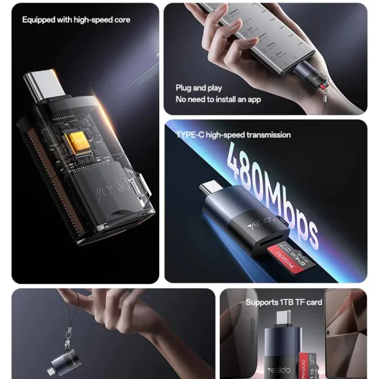 Картов четец – Yesido GS37 – Type-C, високоскоростен, алуминий, TF, поддръжка 1TB – Черен