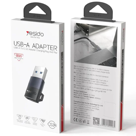 OTG адаптер – Yesido GS34 – USB3.0 мъжки → Type-C женски, 18W, алуминий – Сив