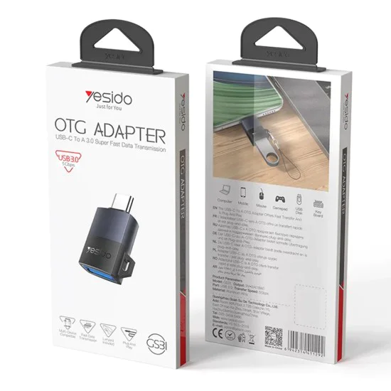 OTG адаптер – Yesido GS31 – Type-C → USB, QC18W, алуминий, Plug&Play – Сив