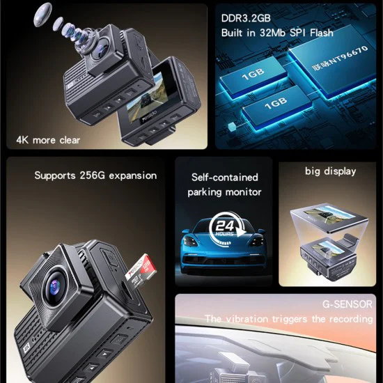 Автомобилна камера – Yesido Dual Dash Camera (KM15) – 2 дисплей, Предна+Задна камера, G-Sensor, до 256GB – Черен