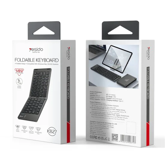 Сгъваема клавиатура – Yesido Foldable Keyboard (KB27) – Type-C, 150mAh, Bluetooth 5.0, ултра тънка – Черна