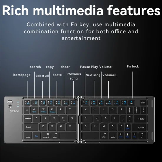 Сгъваема клавиатура – Yesido Foldable Keyboard (KB27) – Type-C, 150mAh, Bluetooth 5.0, ултра тънка – Черна