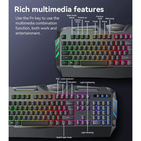 Геймърска клавиатура – Yesido Wireless Keyboard (KB21) – Механична, RGB, жична, 104 клавиша, 1.5m – Черна