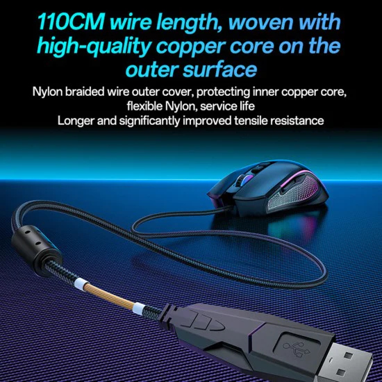 Жична геймърска мишка (KB20) - Yesido - RGB светлини, DPI 1000-7200, USB, 110см кабел - Черно