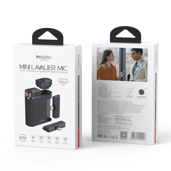 Лавалиерен микрофон – Yesido Lavalier Microphone 2in1 (KR19) – магнитен клипс, 360°, CD аудио, 600mAh, 2.4GHz – Черен