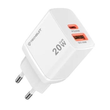 Techsuit - Зарядно за стена Duonix20W (CH2) - Type-C, USB, Двойно зарядно за пътуване 20W - Бяло