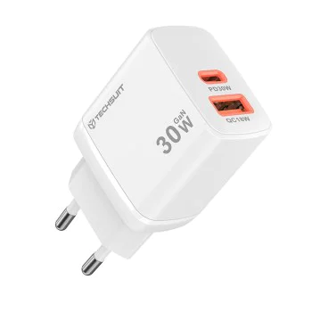 Techsuit - Зарядно за стена Duonix30W (CH1) - Type-C, USB, Двойно зарядно за пътуване 30W - Бяло