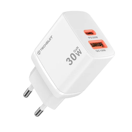 Techsuit - Зарядно за стена Duonix30W (CH1) - Type-C, USB, Двойно зарядно за пътуване 30W - Бяло