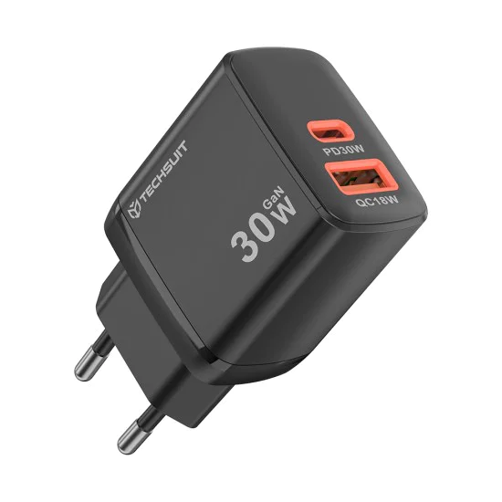 Techsuit - Зарядно за стена Duonix30W (CH1) - Type-C, USB, Двойно зарядно за пътуване 30W - Черно