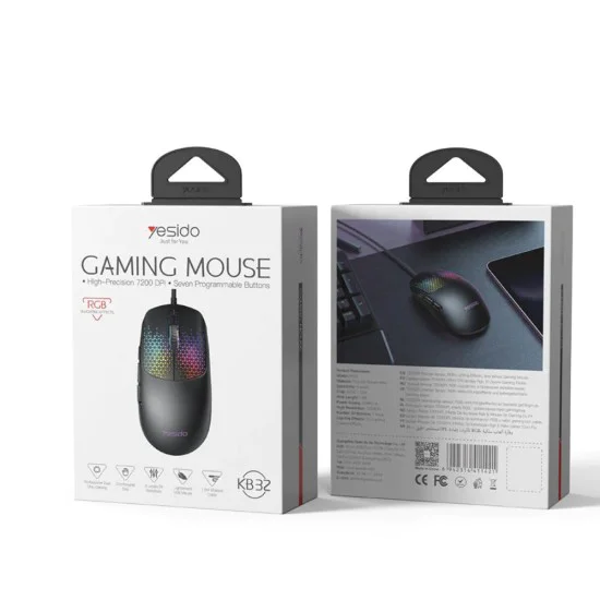 Геймърска мишка – Yesido Wired Gaming Mouse (KB32) – USB, RGB, 7200DPI, ултра-лека – Черна
