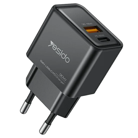 Зарядно за стена – Yesido Wall Charger (YC64) – Type-C + USB-A, GaN, PD30W – Черно