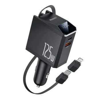 Автомобилно зарядно 4в1 – Yesido Y71 – прибиращ Type-C + Lightning адаптер, USB-A + Type-C, 125W, LED – Черно