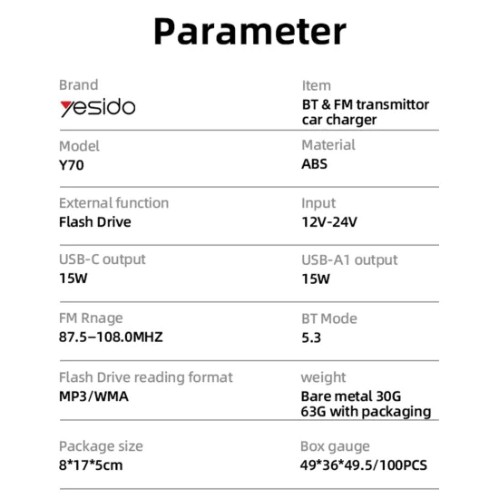FM модулатор + зарядно – Yesido Y70 – USB-C + USB-A, Bluetooth 5.3, 15W – Черно