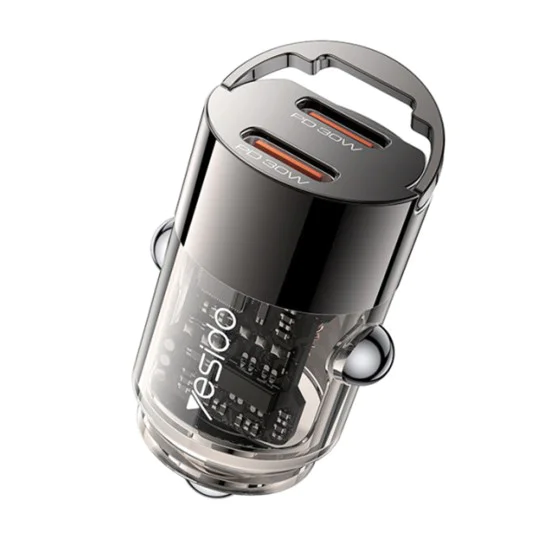 Мини зарядно за кола – Yesido Mini Car Charger (Y69) – Dual Type-C, PD30W, алуминий, fast charge – Черно
