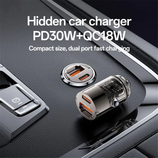Скрита зарядна букса – Yesido Hidden Car Charger (Y68) – USB-A + Type-C, PD30W, алуминий – Черен