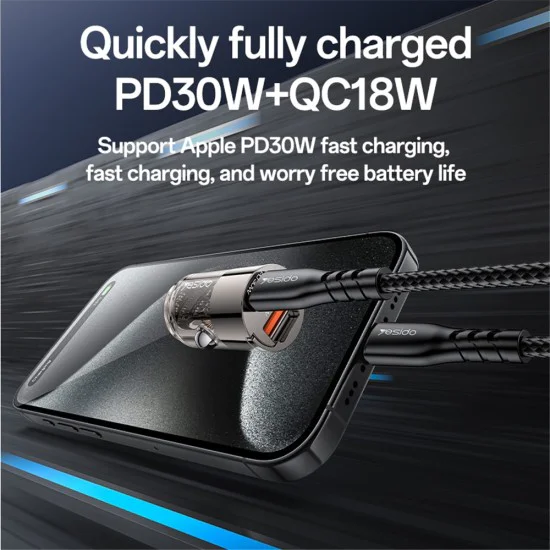 Скрита зарядна букса – Yesido Hidden Car Charger (Y68) – USB-A + Type-C, PD30W, алуминий – Черен