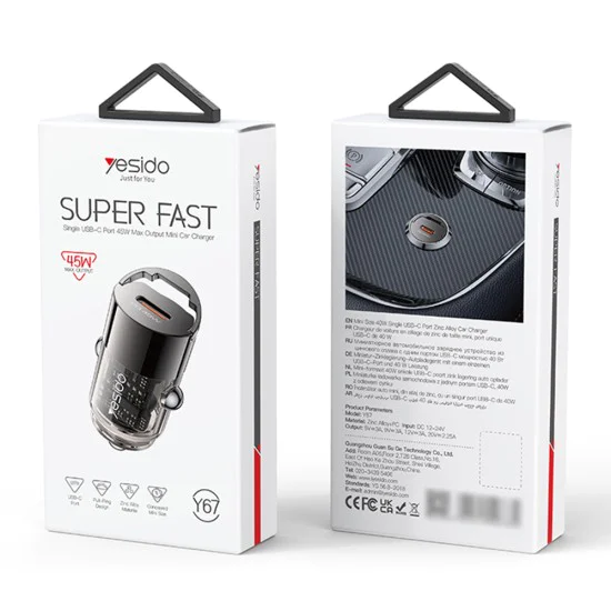 Скрита зарядна букса – Yesido Hidden Car Charger (Y67) – Type-C, PD45W, алуминий – Черен