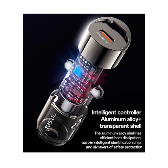 Скрита зарядна букса – Yesido Hidden Car Charger (Y67) – Type-C, PD45W, алуминий – Черен