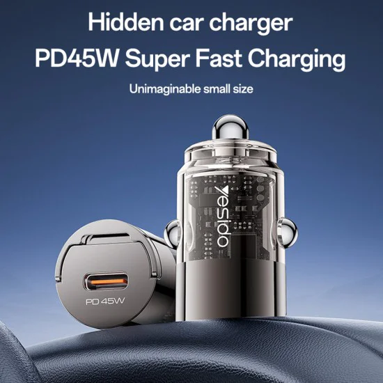 Скрита зарядна букса – Yesido Hidden Car Charger (Y67) – Type-C, PD45W, алуминий – Черен