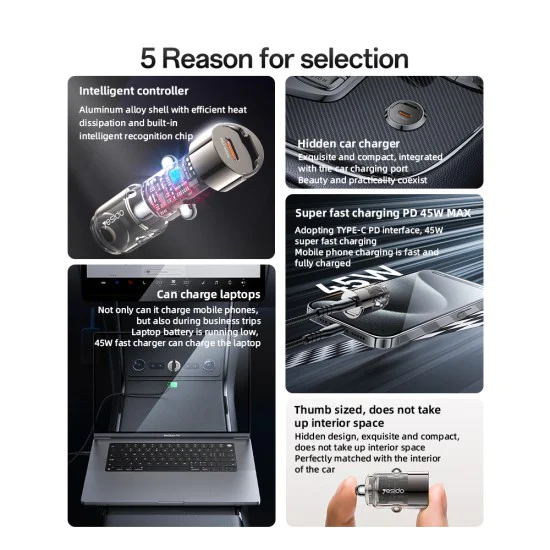 Скрита зарядна букса – Yesido Hidden Car Charger (Y67) – Type-C, PD45W, алуминий – Черен