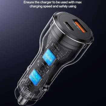Автомобилно зарядно – Yesido Y65 – USB-A + Type-C, PD100W, алуминий, супер бързо зареждане – Черно