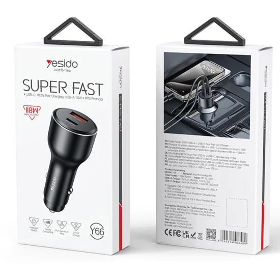 Автомобилно зарядно – Yesido Y65 – USB-A + Type-C, PD100W, алуминий, супер бързо зареждане – Черно