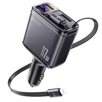 Автомобилно зарядно 4в1 – Yesido Y63 – 2× прибиращи кабели, LED светлина, fast charge 117W – Сиво